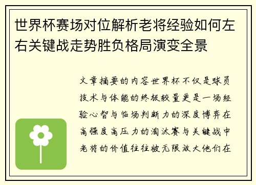 世界杯赛场对位解析老将经验如何左右关键战走势胜负格局演变全景