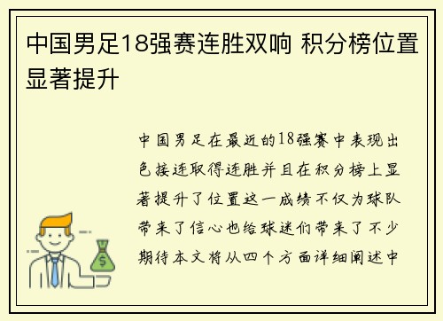 中国男足18强赛连胜双响 积分榜位置显著提升