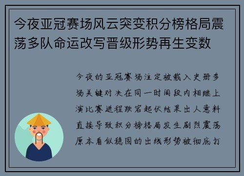 今夜亚冠赛场风云突变积分榜格局震荡多队命运改写晋级形势再生变数 今夜亚冠赛场风云突变积分榜格局震荡多队命运改写晋级形势再生变数