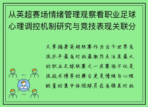 从英超赛场情绪管理观察看职业足球心理调控机制研究与竞技表现关联分析