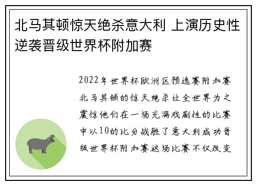 北马其顿惊天绝杀意大利 上演历史性逆袭晋级世界杯附加赛