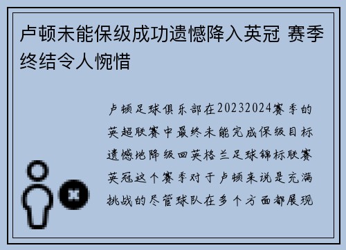 卢顿未能保级成功遗憾降入英冠 赛季终结令人惋惜